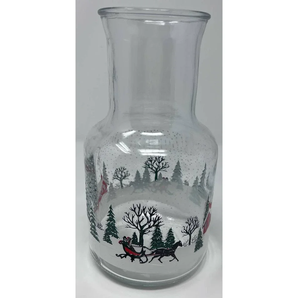 KIG Indonesia Vintage Glass Christmas Winter Sleigh Scene Carafe‎ Decanter 9